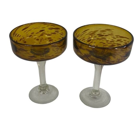 Hand Blown Tortoise Shell Amber Margarita Glasses Set of 2 Thick Heavy 7” Tall - Picture 1 of 11